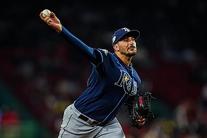 Sep 26, 2023; Boston, Massachusetts, USA; Tampa Bay Rays starting pitcher Zach Eflin (24) throws a pitch against the Boston Red Sox in the first inning at Fenway Park. Mandatory Credit: David Butler II-USA TODAY Sports