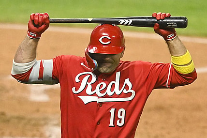 Sep 26, 2023; Cleveland, Ohio, USA; Cincinnati Reds designated hitter Joey Votto (19) reacts after striking out in the sixth inning against the Cleveland Guardians at Progressive Field. Mandatory Credit: David Richard-USA TODAY Sports