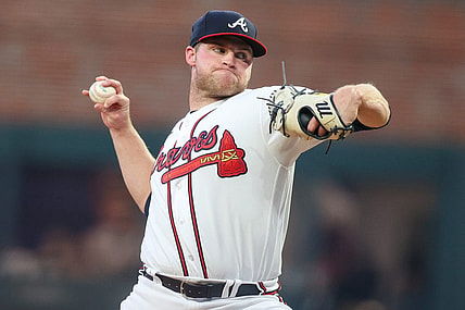 Sep 26, 2023; Atlanta, Georgia, USA; Atlanta Braves starting pitcher Bryce Elder (55) throws against the Chicago Cubs in the first inning at Truist Park. Mandatory Credit: Brett Davis-USA TODAY Sports