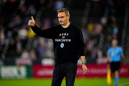 Sep 27, 2023; Commerce City, Colorado, USA; Vancouver Whitecaps FC head coach Vanni Sartini reacts in the first half against the Colorado Rapids at Dick's Sporting Goods Park. Mandatory Credit: Ron Chenoy-USA TODAY Sports