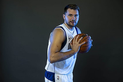 Sep 29, 2023; Dallas, TX, USA; Dallas Mavericks guard Luka Doncic (77) poses for a photo during the Mavs Media Day at the American Airlines Center. Mandatory Credit: Jerome Miron-USA TODAY Sports