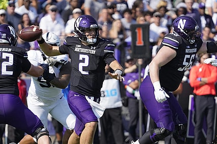 Sep 30, 2023; Evanston, Illinois, USA; Northwestern Wildcats quarterback Ben Bryant (2) passes against the Penn State Nittany Lions during the first half at Ryan Field. Mandatory Credit: David Banks-USA TODAY Sports
