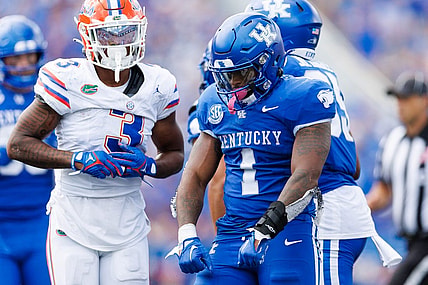 Sep 30, 2023; Lexington, Kentucky, USA; Kentucky Wildcats running back Ray Davis (1) celebrates during the fourth quarter against the Florida Gators at Kroger Field. Mandatory Credit: Jordan Prather-USA TODAY Sports