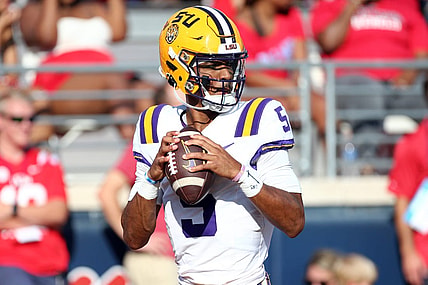 Sep 30, 2023; Oxford, Mississippi, USA; LSU Tigers quarterback Jayden Daniels (5) warms ups prior to the game against the Mississippi Rebels at Vaught-Hemingway Stadium. Mandatory Credit: Petre Thomas-USA TODAY Sports