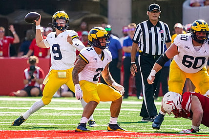 Sep 30, 2023; Lincoln, Nebraska, USA; Michigan Wolverines quarterback J.J. McCarthy (9) passes against the Nebraska Cornhuskers during the second quarter at Memorial Stadium. Mandatory Credit: Dylan Widger-USA TODAY Sports