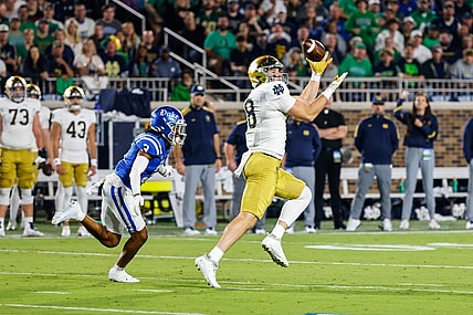 Sep 30, 2023; Durham, North Carolina, USA; Notre Dame Fighting Irish tight end Mitchell Evans (88) catches the football during the first half of the game against Duke Blue Devils at Wallace Wade Stadium. Mandatory Credit: Jaylynn Nash-USA TODAY Sports