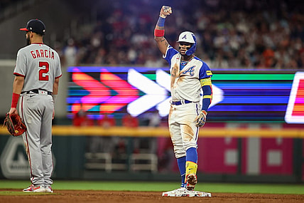 Sep 30, 2023; Atlanta, Georgia, USA; Atlanta Braves right fielder Ronald Acuna Jr. (13) reacts after a double against the Washington Nationals in the fifth inning at Truist Park. Mandatory Credit: Brett Davis-USA TODAY Sports