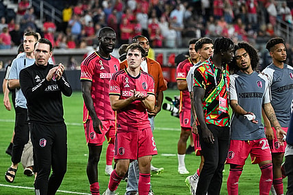 Sep 30, 2023; St. Louis, Missouri, USA; St. Louis City players applaud the home crowd after a 4-1 victory against Sporting Kansas City at CITYPARK. Mandatory Credit: Joe Puetz-USA TODAY Sports