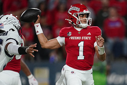 Sep 30, 2023; Fresno, California, USA; Fresno State Bulldogs quarterback Mikey Keene (1) throws a pass against the Nevada Wolf Pack in the first quarter at Valley Children's Stadium. Mandatory Credit: Cary Edmondson-USA TODAY Sports