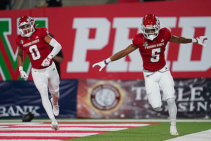 Sep 30, 2023; Fresno, California, USA; Fresno State Bulldogs wide receiver Jaelen Gill (5) reacts after catching a pass for a touchdown against the Nevada Wolf Pack in the first quarter at Valley Children's Stadium. Mandatory Credit: Cary Edmondson-USA TODAY Sports