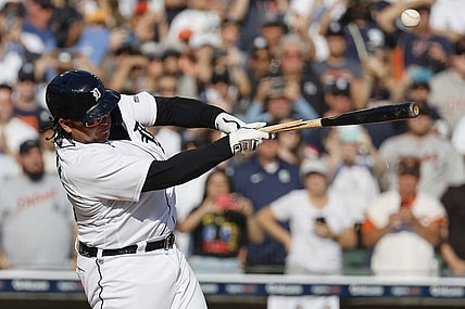 Oct 1, 2023; Detroit, Michigan, USA;  Detroit Tigers designated hitter Miguel Cabrera (24) breaks his bat flying out in the fourth inning against the Cleveland Guardians at Comerica Park. Mandatory Credit: Rick Osentoski-USA TODAY Sports