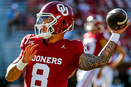 Oklahoma's Dillon Gabriel (8) warms up before an NCAA football game between University of Oklahoma (OU) and Iowa State at the Gaylord Family Oklahoma Memorial Stadium in Norman, Okla., on Saturday, Sept. 30, 2023.
