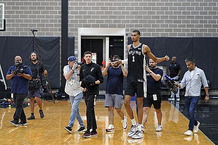 San Antonio Spurs center Victor Wembanyama (1) enters the court during media day in San Antonio. Mandatory Credit: Scott Wachter-USA TODAY Sports