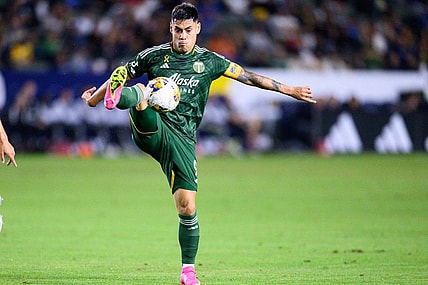 Sep 30, 2023; Carson, California, USA; Portland Timbers forward Felipe Mora (9) handles the ball during the first half at Dignity Health Sports Park. Mandatory Credit: Kelvin Kuo-USA TODAY Sports