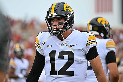 Sep 9, 2023; Ames, Iowa, USA; Iowa Hawkeyes quarterback Cade McNamara (12) looks on before the game against the Iowa State Cyclones at Jack Trice Stadium. Mandatory Credit: Jeffrey Becker-USA TODAY Sports