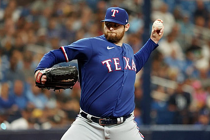 Oct 3, 2023; St. Petersburg, Florida, USA; Texas Rangers starting pitcher Jordan Montgomery (52) pitches against the Tampa Bay Rays in the second inning during game one of the Wildcard series for the 2023 MLB playoffs at Tropicana Field. Mandatory Credit: Kim Klement Neitzel-USA TODAY Sports