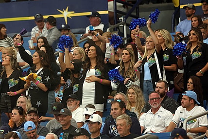 Oct 3, 2023; St. Petersburg, Florida, USA; Wives and girlfriends of Tampa Bay Rays players look on in the eighth inning against the Texas Rangers during game one of the Wildcard series for the 2023 MLB playoffs at Tropicana Field. Mandatory Credit: Kim Klement Neitzel-USA TODAY Sports