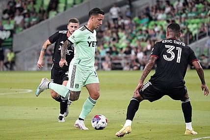 Oct 4, 2023; Austin, Texas, USA; Austin FC midfielder Sebastian Driussi (10) kicks the ball in the first half of the game against D.C. United at Q2 Stadium. Mandatory Credit: Scott Wachter-USA TODAY Sports