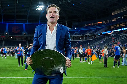Oct 4, 2023; Cincinnati, Ohio, USA;  FC Cincinnati general manager Chris Albright celebrates with the Supporters Shield at TQL Stadium. Mandatory Credit: Aaron Doster-USA TODAY Sports