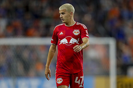 Oct 4, 2023; Cincinnati, Ohio, USA; New York Red Bulls defender John Tolkin (47) walks on the field during the second half against FC Cincinnati at TQL Stadium. Mandatory Credit: Katie Stratman-USA TODAY Sports