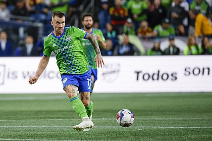 Oct 4, 2023; Seattle, Washington, USA; Seattle Sounders FC midfielder Albert Rusnak (11) passes against the Los Angeles Galaxy during the first half at Lumen Field. Mandatory Credit: Joe Nicholson-USA TODAY Sports