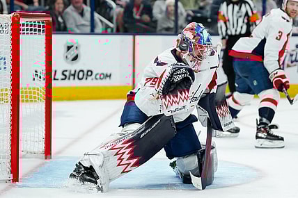 Oct 5, 2023; Columbus, Ohio, USA;  Washington Capitals goaltender Charlie Lindgren (79) attempts a save against the Columbus Blue Jackets in the second period at Nationwide Arena. Mandatory Credit: Aaron Doster-USA TODAY Sports