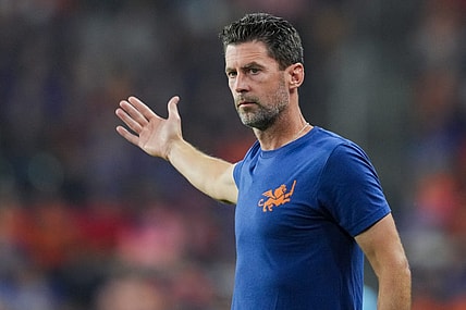 Oct 4, 2023; Cincinnati, Ohio, USA;  FC Cincinnati head coach Pat Noonan works the sideline against the New York Red Bulls at TQL Stadium. Mandatory Credit: Aaron Doster-USA TODAY Sports