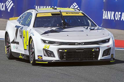 Oct 7, 2023; Concord, North Carolina, USA; NASCAR Cup Series driver William Byron (24) during Cup practice and qualifying at Charlotte Motor Speedway Road Course. Mandatory Credit: Jim Dedmon-USA TODAY Sports