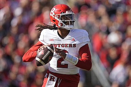 Oct 7, 2023; Madison, Wisconsin, USA;  Rutgers Scarlet Knights quarterback Gavin Wimsatt (2) looks to throw a pass during the second quarter against the Wisconsin Badgers at Camp Randall Stadium. Mandatory Credit: Jeff Hanisch-USA TODAY Sports