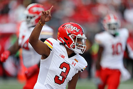 Oct 7, 2023; Columbus, Ohio, USA; Maryland Terrapins quarterback Taulia Tagovailoa (3) celebrates a touchdown during the third quarter against the Ohio State Buckeyes at Ohio Stadium. Mandatory Credit: Joseph Maiorana-USA TODAY Sports
