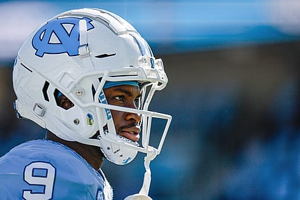 Oct 7, 2023; Chapel Hill, North Carolina, USA; North Carolina Tar Heels wide receiver Devontez Walker (9) warms up before the game against the Syracuse Orange at Kenan Memorial Stadium. Mandatory Credit: Jaylynn Nash-USA TODAY Sports