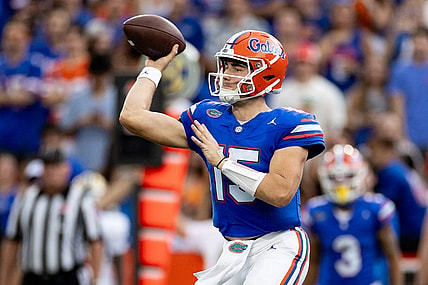 Florida Gators quarterback Graham Mertz (15) throws the ball during the first half against the Vanderbilt Commodores at Steve Spurrier Field at Ben Hill Griffin Stadium in Gainesville, FL on Saturday, October 7, 2023. [Matt Pendleton/Gainesville Sun]