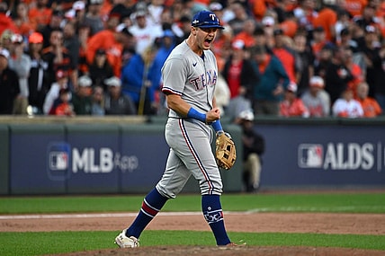 Oct 7, 2023; Baltimore, Maryland, USA; Texas Rangers third baseman Josh Jung (6) celebrates after the Rangers defeated the Baltimore Orioles in game one of the ALDS for the 2023 MLB playoffs at Oriole Park at Camden Yards. Mandatory Credit: Tommy Gilligan-USA TODAY Sports