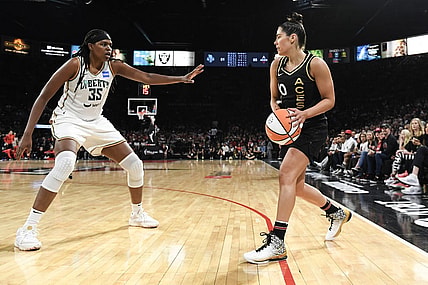 Oct 8, 2023; Las Vegas, Nevada, USA; New York Liberty forward Jonquel Jones (35) defends against Las Vegas Aces guard Kelsey Plum (10) in the second half during game one of the 2023 WNBA Finals at Michelob Ultra Arena. Mandatory Credit: Candice Ward-USA TODAY Sports