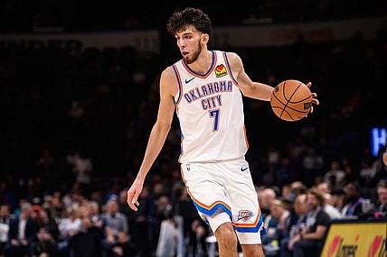 Oct 9, 2023; Oklahoma City, Oklahoma, USA; Oklahoma City Thunder forward Chet Holmgren (7) dribbles the ball during the game against the San Antonio Spurs at Paycom Center. Mandatory Credit: Rob Ferguson-USA TODAY Sports