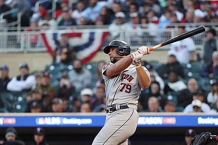 Oct 10, 2023; Minneapolis, Minnesota, USA; Houston Astros first baseman Jose Abreu (79) hits a two-run home-run in the ninth inning against the Minnesota Twins during game three of the ALDS for the 2023 MLB playoffs at Target Field. Mandatory Credit: Jesse Johnson-USA TODAY Sports
