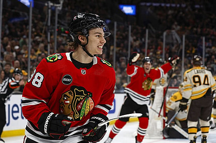 Oct 11, 2023; Boston, Massachusetts, USA; Chicago Blackhawks center Connor Bedard (98) smiles after scoring his first NHL goal during the first period against the Boston Bruins at TD Garden. Mandatory Credit: Winslow Townson-USA TODAY Sports