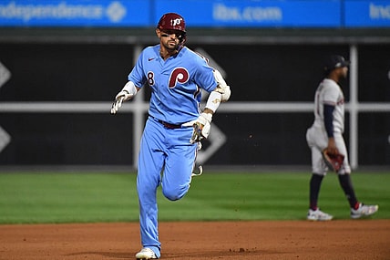 Oct 12, 2023; Philadelphia, Pennsylvania, USA; Philadelphia Phillies right fielder Nick Castellanos (8) rounds the bases after hitting a solo home run against the Atlanta Braves during the fourth inning during game four of the NLDS for the 2023 MLB playoffs at Citizens Bank Park. Mandatory Credit: Eric Hartline-USA TODAY Sports