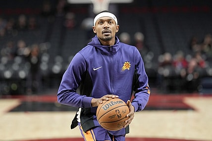 Oct 12, 2023; Portland, Oregon, USA; Phoenix Suns shooting guard Bradley Beal (3) warms up prior to a game against the Portland Trail Blazers at Moda Center. Mandatory Credit: Soobum Im-USA TODAY Sports