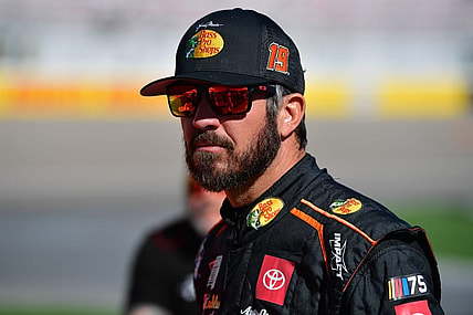 Oct 14, 2023; Las Vegas, Nevada, USA; NASCAR Cup Series driver Martin Truex Jr. (19) during qualifying for the South Point 400 at Las Vegas Motor Speedway. Mandatory Credit: Gary A. Vasquez-USA TODAY Sports