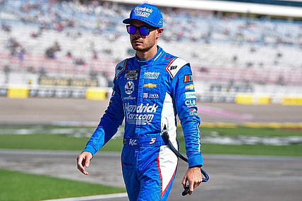 Oct 14, 2023; Las Vegas, Nevada, USA; NASCAR Cup Series driver Kyle Larson (5) during qualifying for the South Point 400 at Las Vegas Motor Speedway. Mandatory Credit: Gary A. Vasquez-USA TODAY Sports