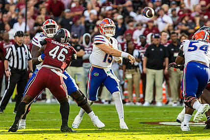 Oct 14, 2023; Columbia, South Carolina, USA; Florida Gators quarterback Graham Mertz (15) throws a pass against the South Carolina Gamecocks in the second quarter at Williams-Brice Stadium. Mandatory Credit: Jeff Blake-USA TODAY Sports