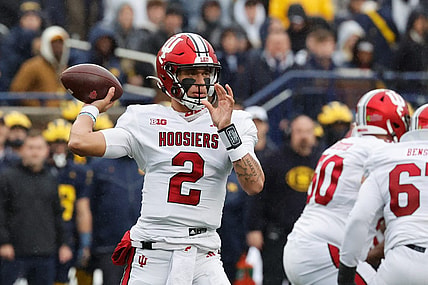 Oct 14, 2023; Ann Arbor, Michigan, USA; Indiana Hoosiers quarterback Tayven Jackson (2) passes in the first half against the Michigan Wolverines at Michigan Stadium. Mandatory Credit: Rick Osentoski-USA TODAY Sports