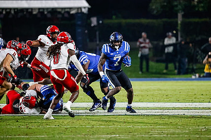 Oct 14, 2023; Durham, North Carolina, USA; Duke Blue Devils running back Jordan Waters (7) runs with the football during the first half of the game against North Carolina State Wolfpack at Wallace Wade Stadium. Mandatory Credit: Jaylynn Nash-USA TODAY Sports