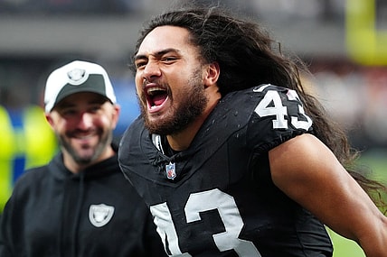 Oct 15, 2023; Paradise, Nevada, USA; Las Vegas Raiders linebacker Kana'i Mauga (43) celebrates after the Raiders defeated the New England Patriots 21-17 at Allegiant Stadium. Mandatory Credit: Stephen R. Sylvanie-USA TODAY Sports