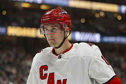 Oct 15, 2023; Anaheim, California, USA; Carolina Hurricanes center Martin Necas (88) looks on during the second period against the Anaheim Ducks at Honda Center. Mandatory Credit: Yannick Peterhans-USA TODAY Sports