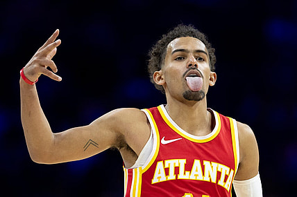 Oct 20, 2023; Philadelphia, Pennsylvania, USA; Atlanta Hawks guard Trae Young (11) reacts after a score against the Philadelphia 76ers during the third quarter at Wells Fargo Center. Mandatory Credit: Bill Streicher-USA TODAY Sports