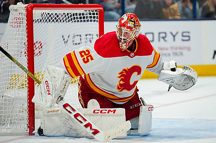 Oct 20, 2023; Columbus, Ohio, USA;  Calgary Flames goaltender Jacob Markstrom (25) defends the net against the Columbus Blue Jackets in the third period at Nationwide Arena. Mandatory Credit: Aaron Doster-USA TODAY Sports