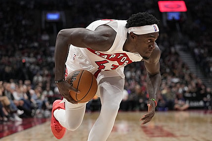 Oct 20, 2023; Toronto, Ontario, CAN; Toronto Raptors forward Pascal Siakam (43) drives to the net against the Washington Wizards during the first half at Scotiabank Arena. Mandatory Credit: John E. Sokolowski-USA TODAY Sports
