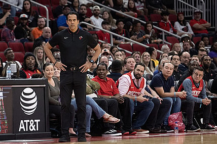 Oct 20, 2023; Houston, Texas, USA; Miami Heat head coach Rick Carlisle watches his team play against the Houston Rockets in the fourth quarter at Toyota Center. Mandatory Credit: Thomas Shea-USA TODAY Sports